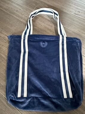 PINK Victoria's Secret Navy Corduroy Tote with White-Striped Handles